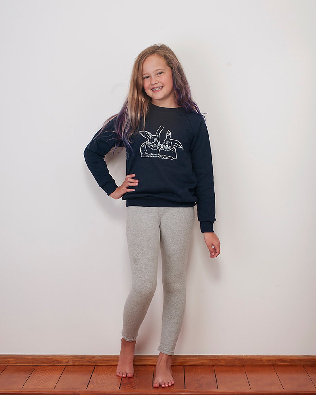 Besties Bunnies Sweatshirt  Hand Printed Navy Blue Fleece Top